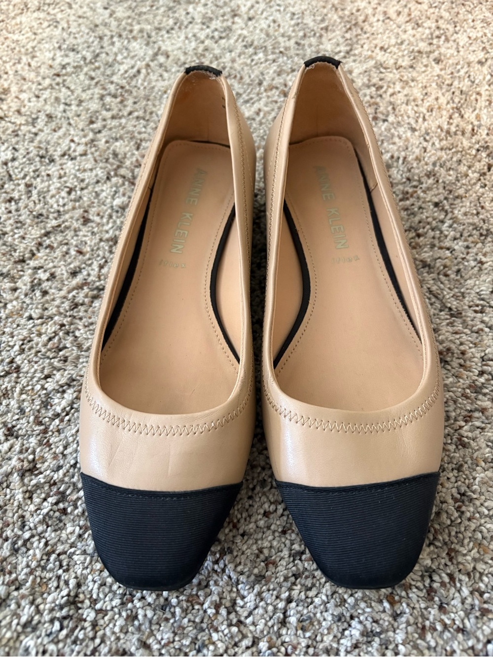 Anne Klein Tan and Black Square-Toe Ballet Flats